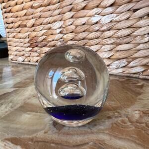 Vintage Art Glass Paperweight Featuring Cobalt Blue With Bubbles
